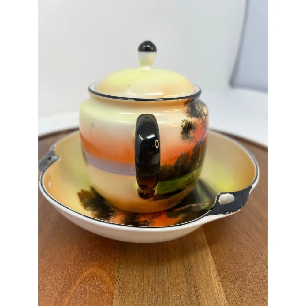 Vintage Hand‎ Painted Sugar Bowl Creamer Set Landscape Scene